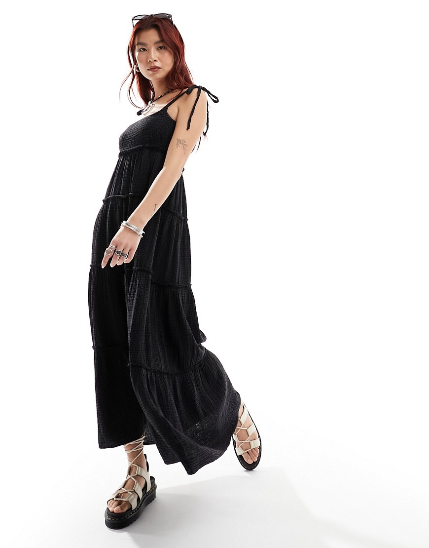 Collusion Double Cloth Shirred Tiered Cami Maxi Dress In Washed Black