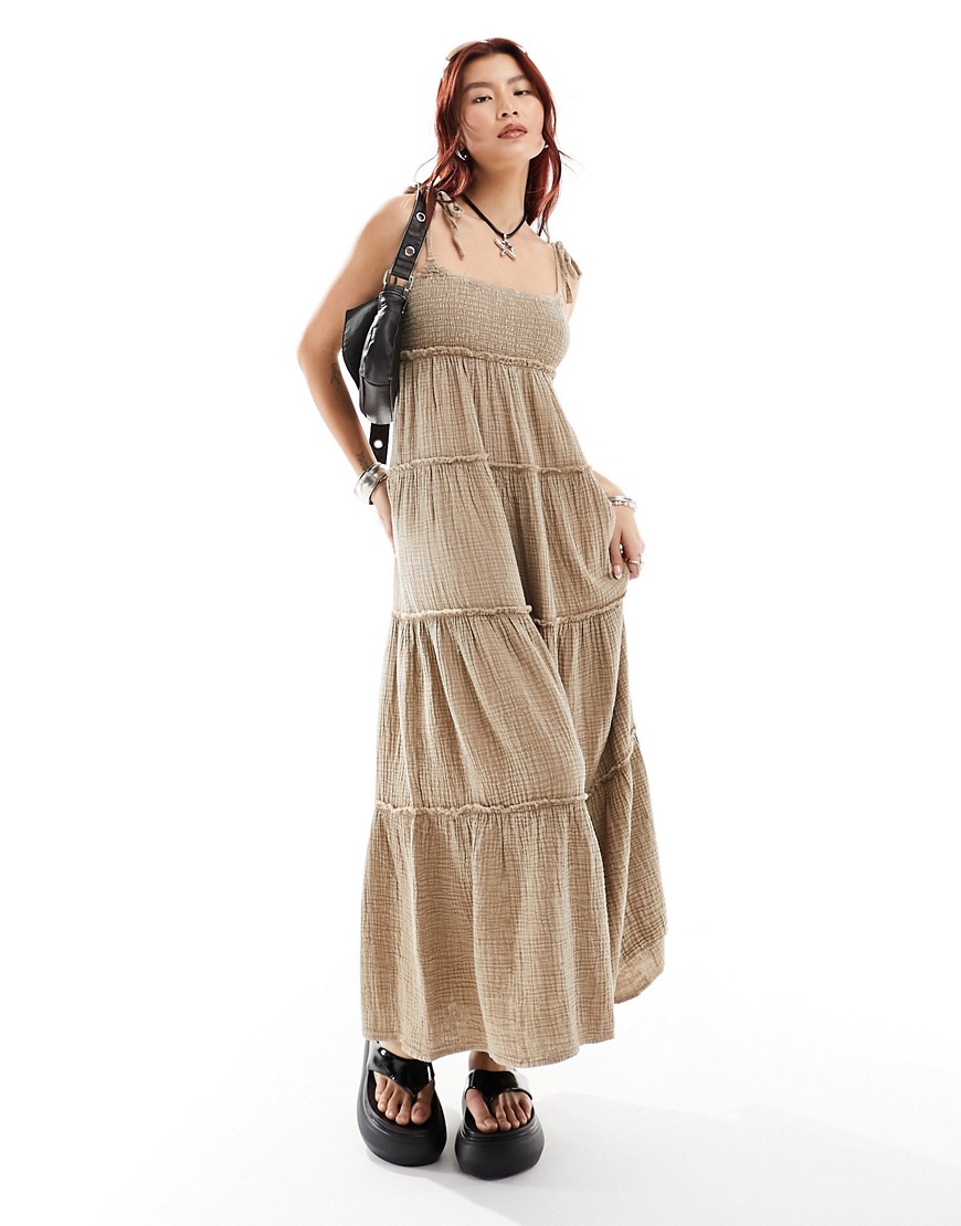 COLLUSION double cloth shirred tiered cami maxi dress in washed mink-Neutral