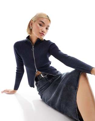 Collusion Knit Double Edge Zip Track Top In Washed Dark Blue