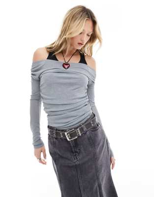 COLLUSION double layer draped bardot top in gray
