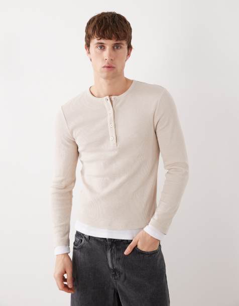 COLLUSION double layer henley t-shirt in oatmeal - view 1