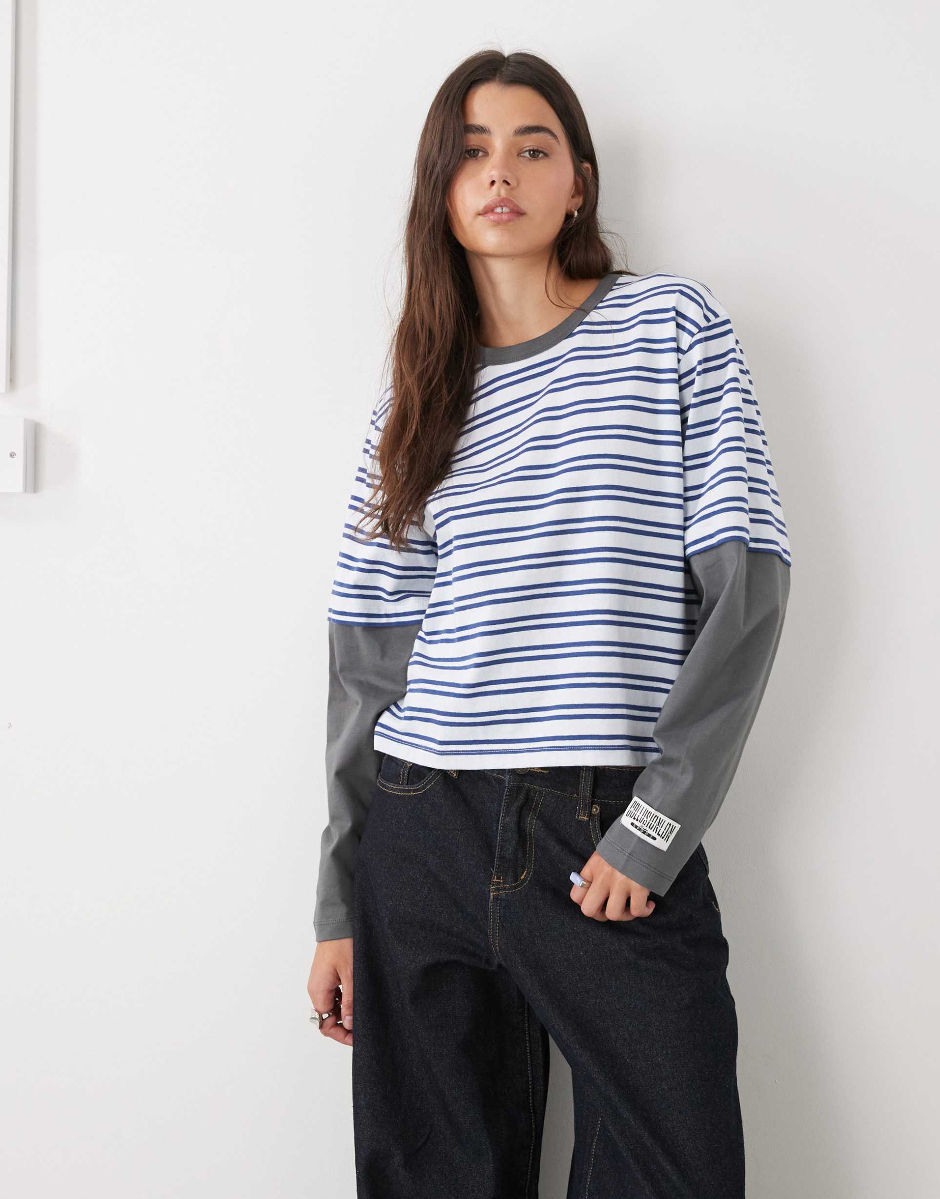 collusion double layer long sleeve in blue stripes
