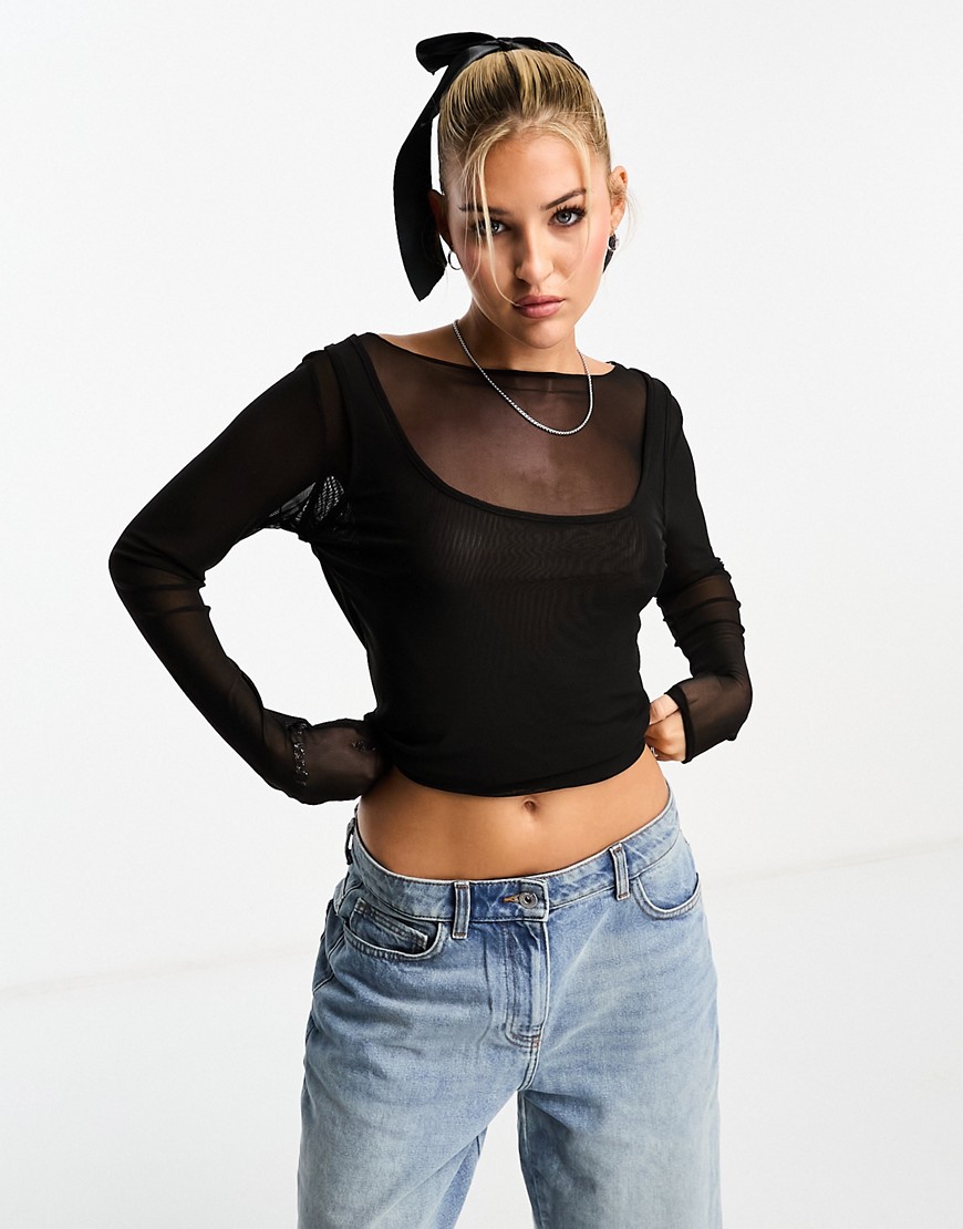 COLLUSION double layer long sleeve mesh top in black