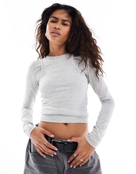 COLLUSION double layer long sleeve top in grey marl - view 1