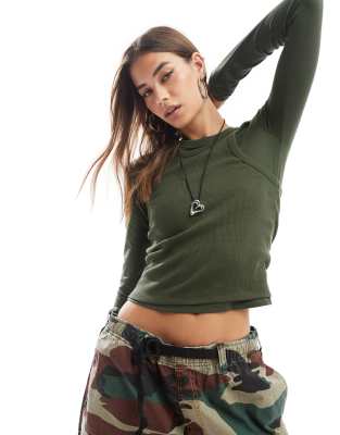 Collusion Double Layer Long Sleeve Top In Khaki-green