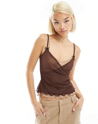 COLLUSION double layer mesh cami top in brown