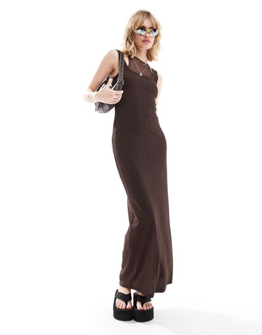COLLUSION double layer mesh maxi dress in brown