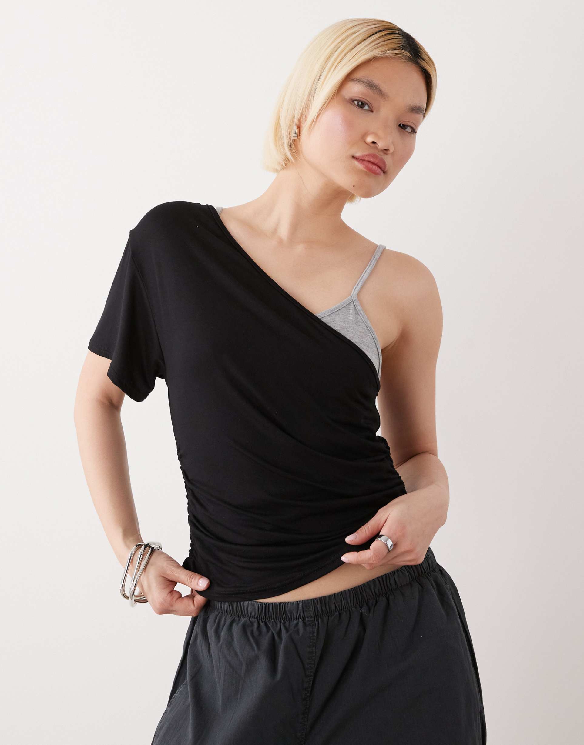 collusion double layer off-shoulder cami in black and gray