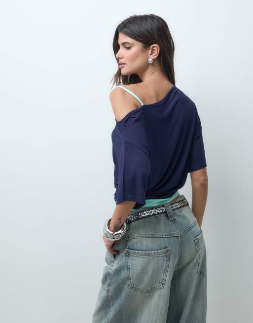COLLUSION double layer off shoulder drap top in navy + aqua, 4 of 4