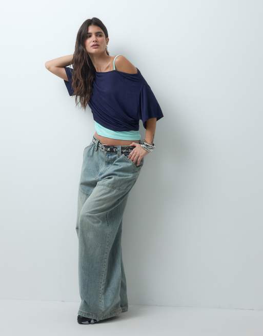 COLLUSION double layer off the shoulder draped top in navy + aqua, 2 of 4