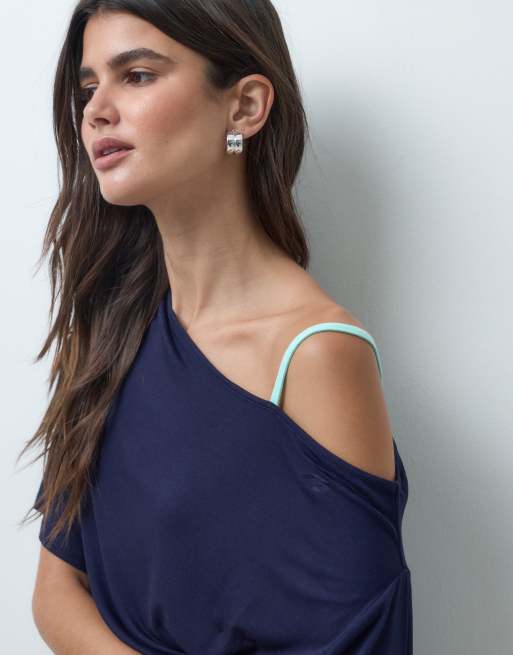 COLLUSION double layer off the shoulder draped top in navy + aqua, 3 of 4
