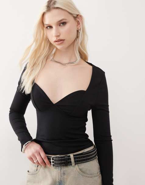 COLLUSION double layer plunge long sleeve top in black