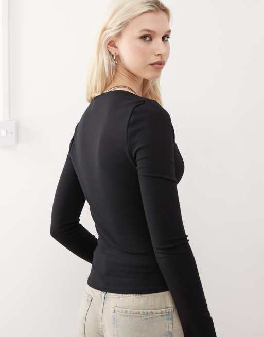 COLLUSION double layer plunge long sleeve top in black