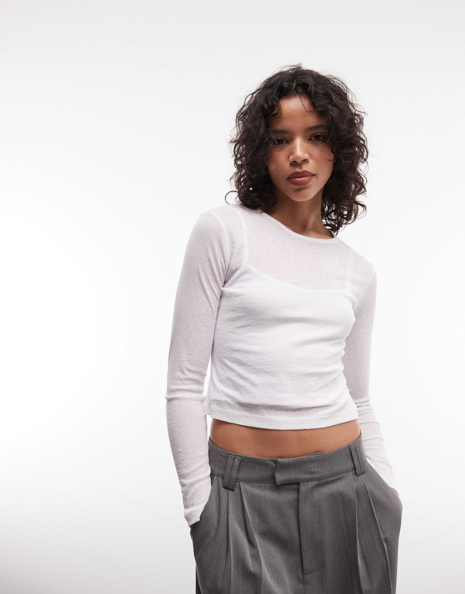 collusion double layer sheer long sleeve top in white