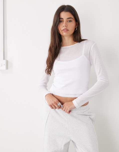 COLLUSION Double layer sheer long sleeve top in white