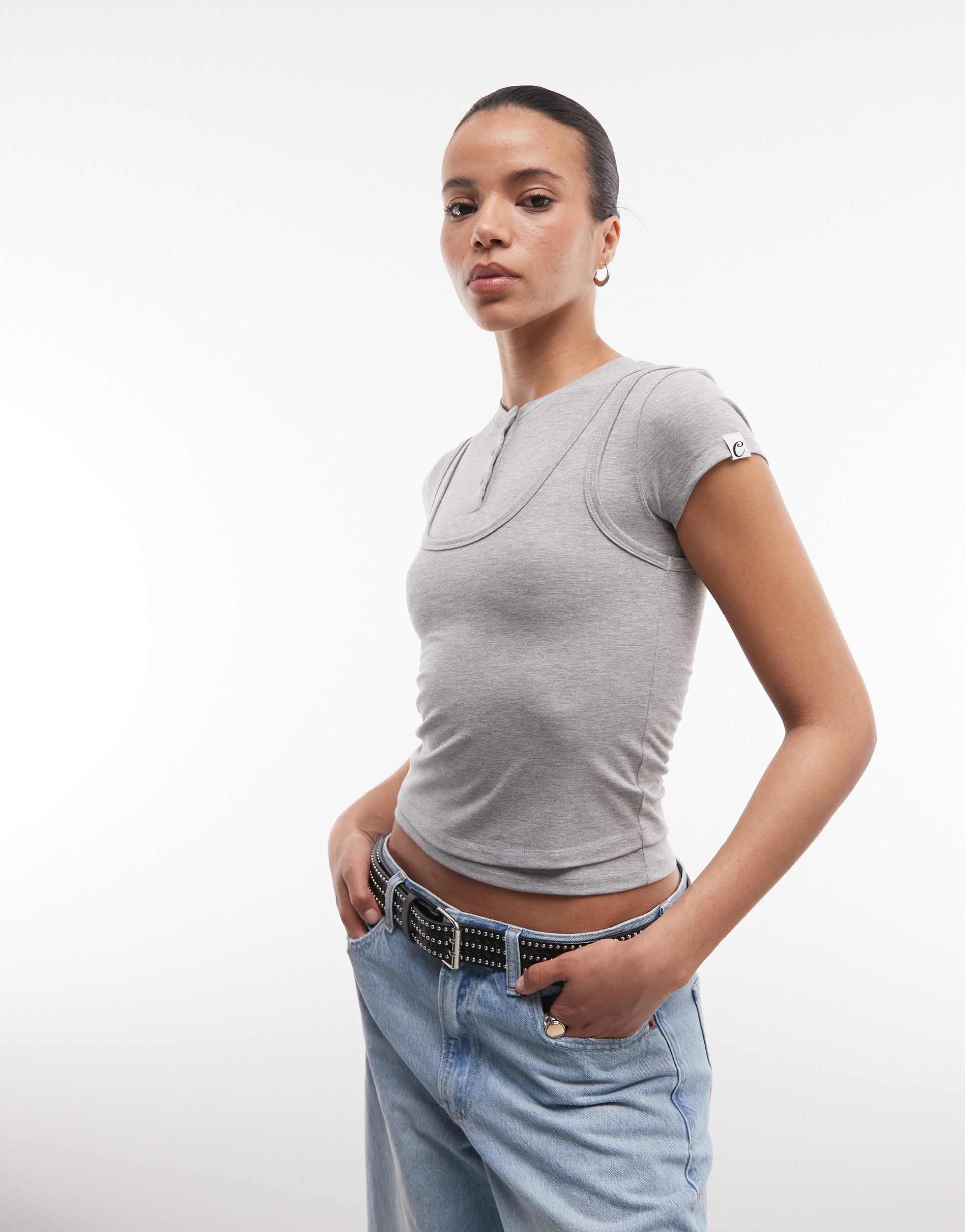 collusion double layer short sleeve henley neck top in gray