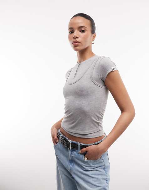 COLLUSION double layer short sleeve henley top in grey - view 1