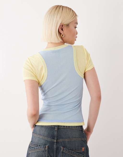 COLLUSION double layer short sleeve t-shirt in blue and lemon, 3 of 4