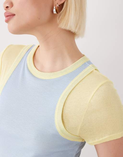 COLLUSION double layer short sleeve t-shirt in blue and lemon, 4 of 4