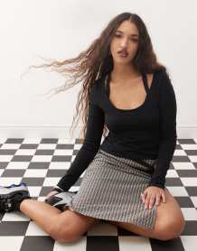 ONLY cord collar longline barn jacket in brown checks