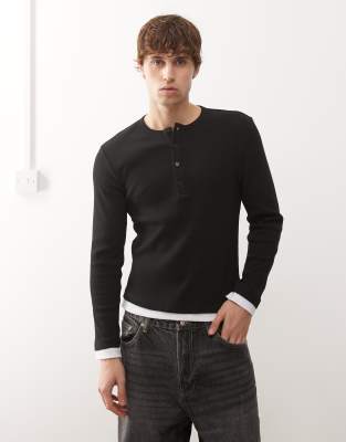 Collusion Double Layered Henley Neck T-shirt In Black