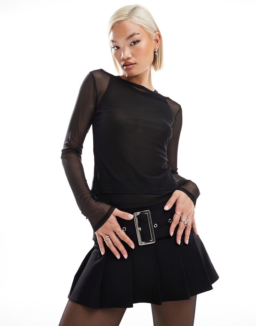 COLLUSION double mesh overlay long sleeve top in black