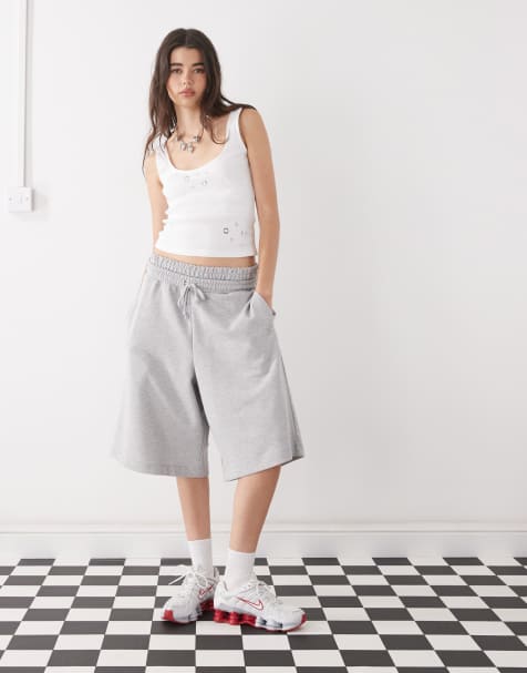 COLLUSION double-waistband longline tracksuit shorts in grey marl - view 1