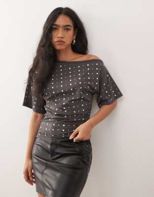 Collusion Drape Off Shoulder Relaxed T-shirt In Gray