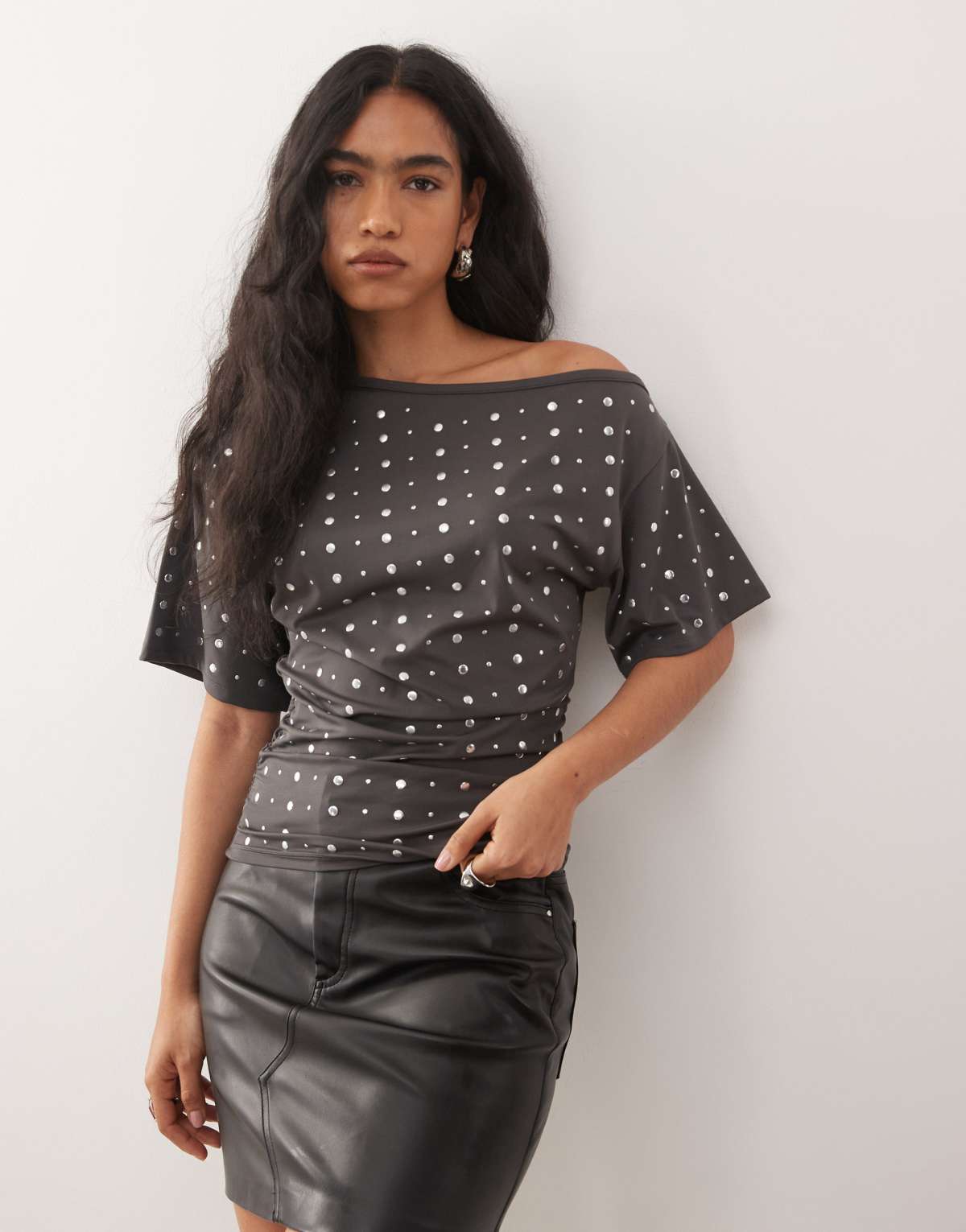 COLLUSION drape off shoulder relaxed t-shirt in all over stud in grey