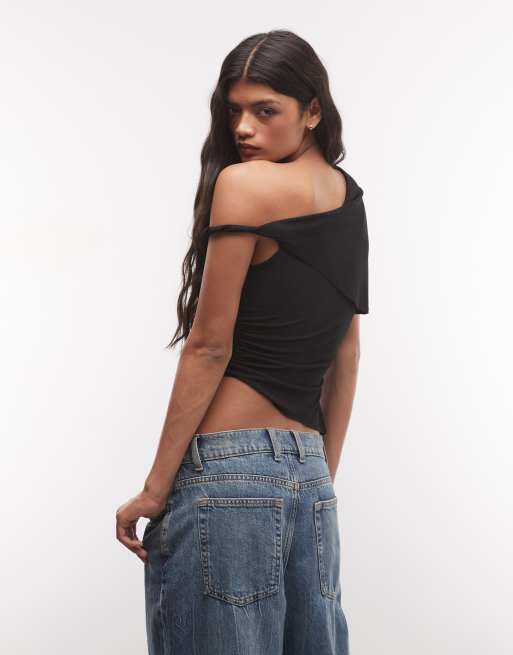 COLLUSION drapey asymmetric one-shoulder top in black, 4 of 4