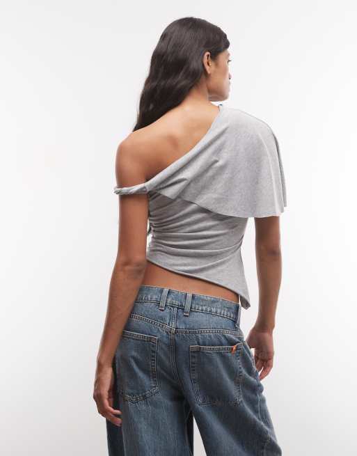COLLUSION drapey asymmetric one-shoulder top in grey marl, 4 of 4
