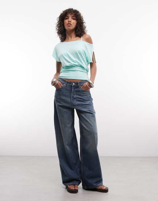 COLLUSION drapey off shoulder in aqua blue, 3 of 4