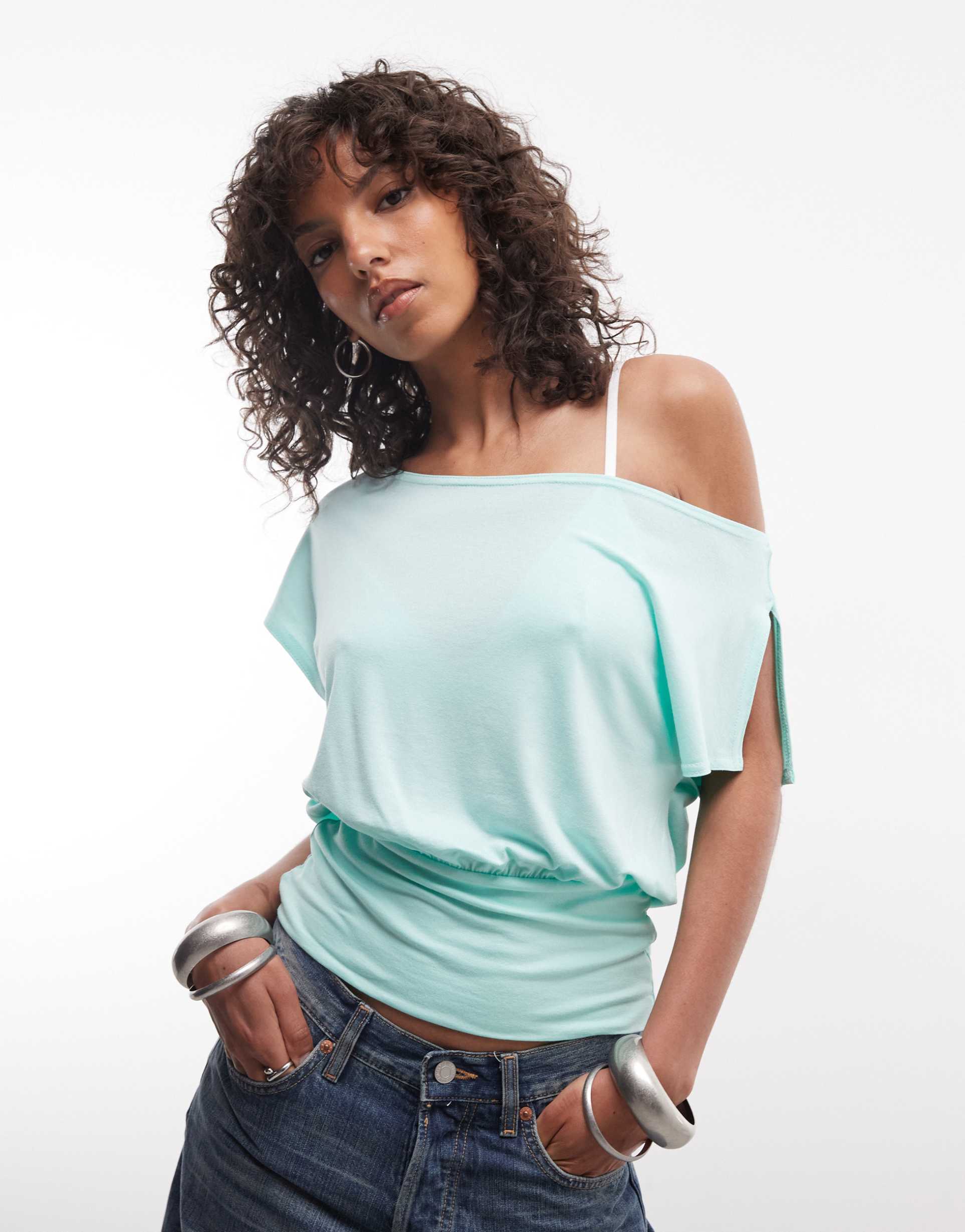 collusion drapey off shoulder top in aqua blue