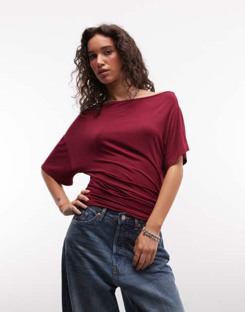COLLUSION drapey off the shoulder t-shirt in burgundy - view 1