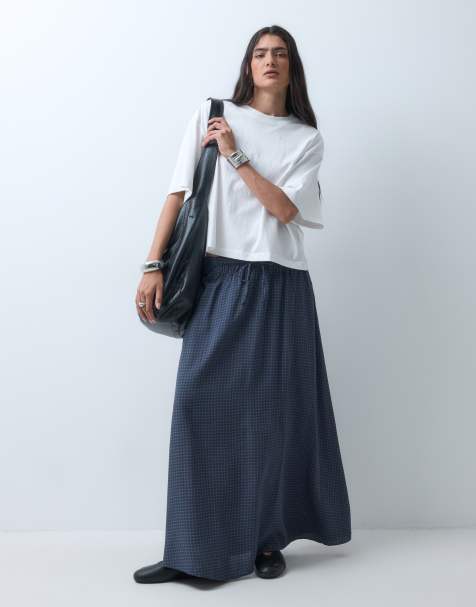 COLLUSION drawcord pull on maxi skirt in grey and navy check