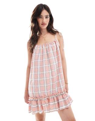 COLLUSION drop hem mini dress in blush check-Multi