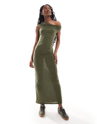 Collusion Drop Shoulder Maxi Dress In Khaki-green