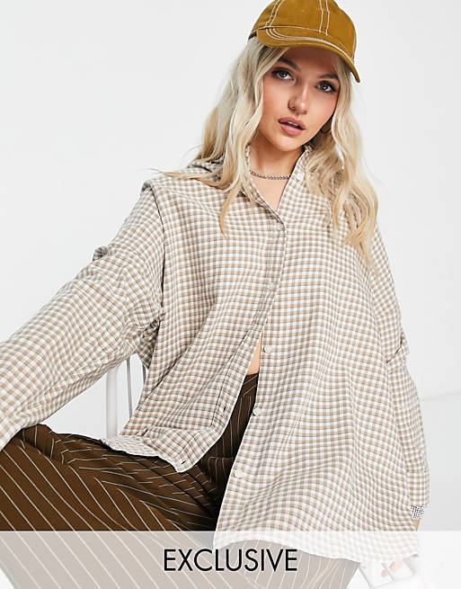 Tops Shirts & Blouses/COLLUSION drop shoulder oversized shirt in beige check 