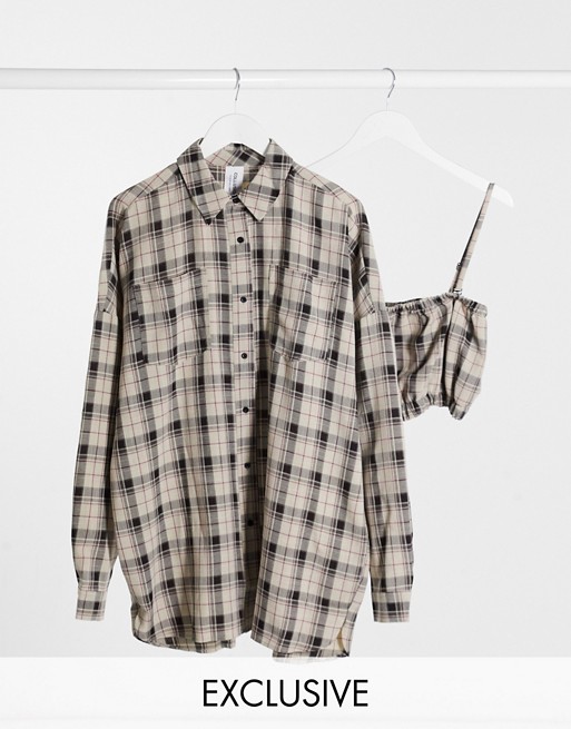 COLLUSION drop shoulder oversized check shirt co-ord in sage green