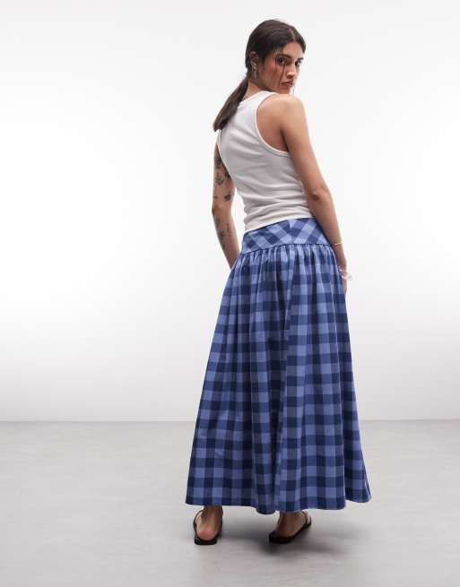 COLLUSION drop waist maxi skirt in blue check, 3 of 5
