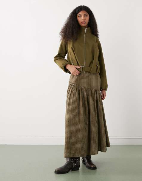 COLLUSION drop waist maxi skirt in green check - view 1