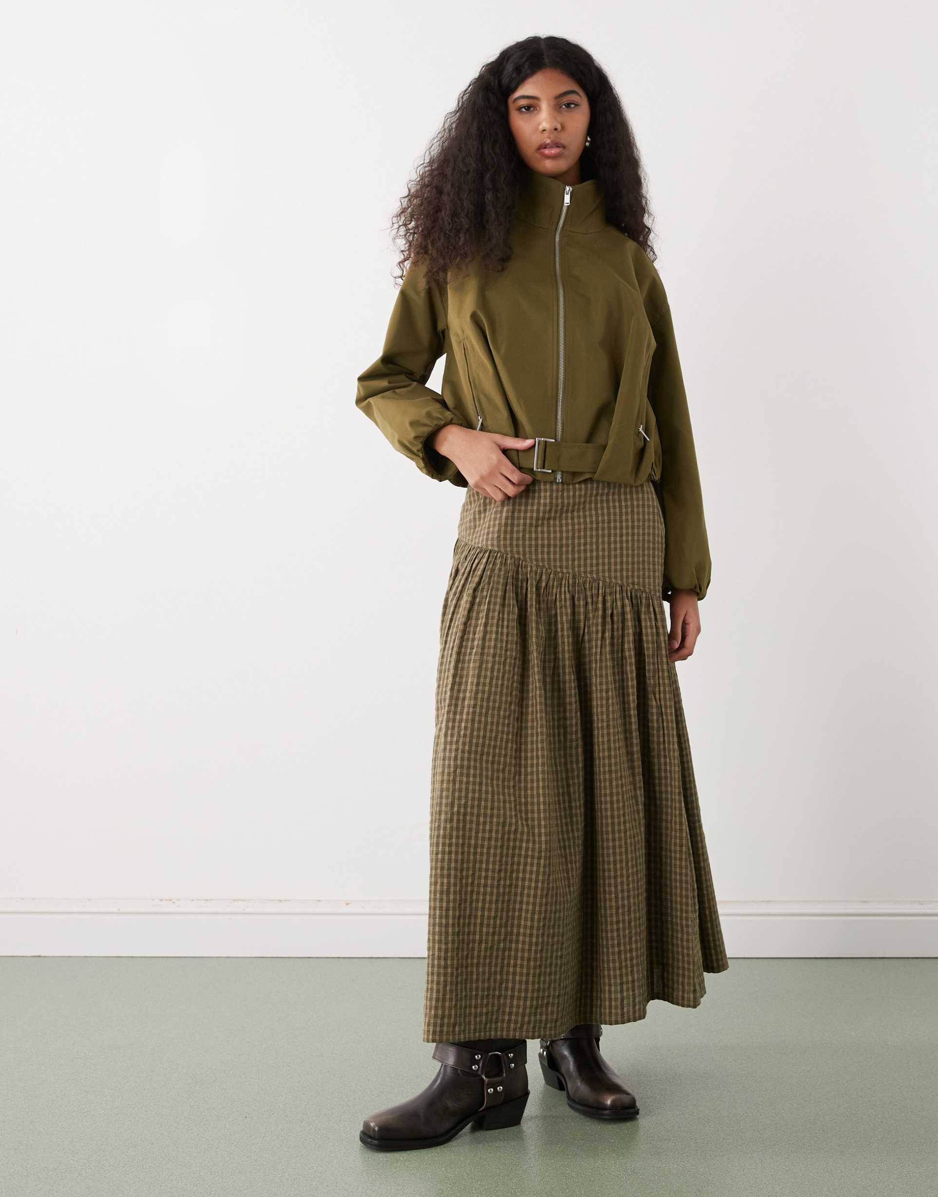 collusion drop waist maxi skirt in green plaid