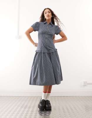 drop waist midi shirt dress in blue plaid