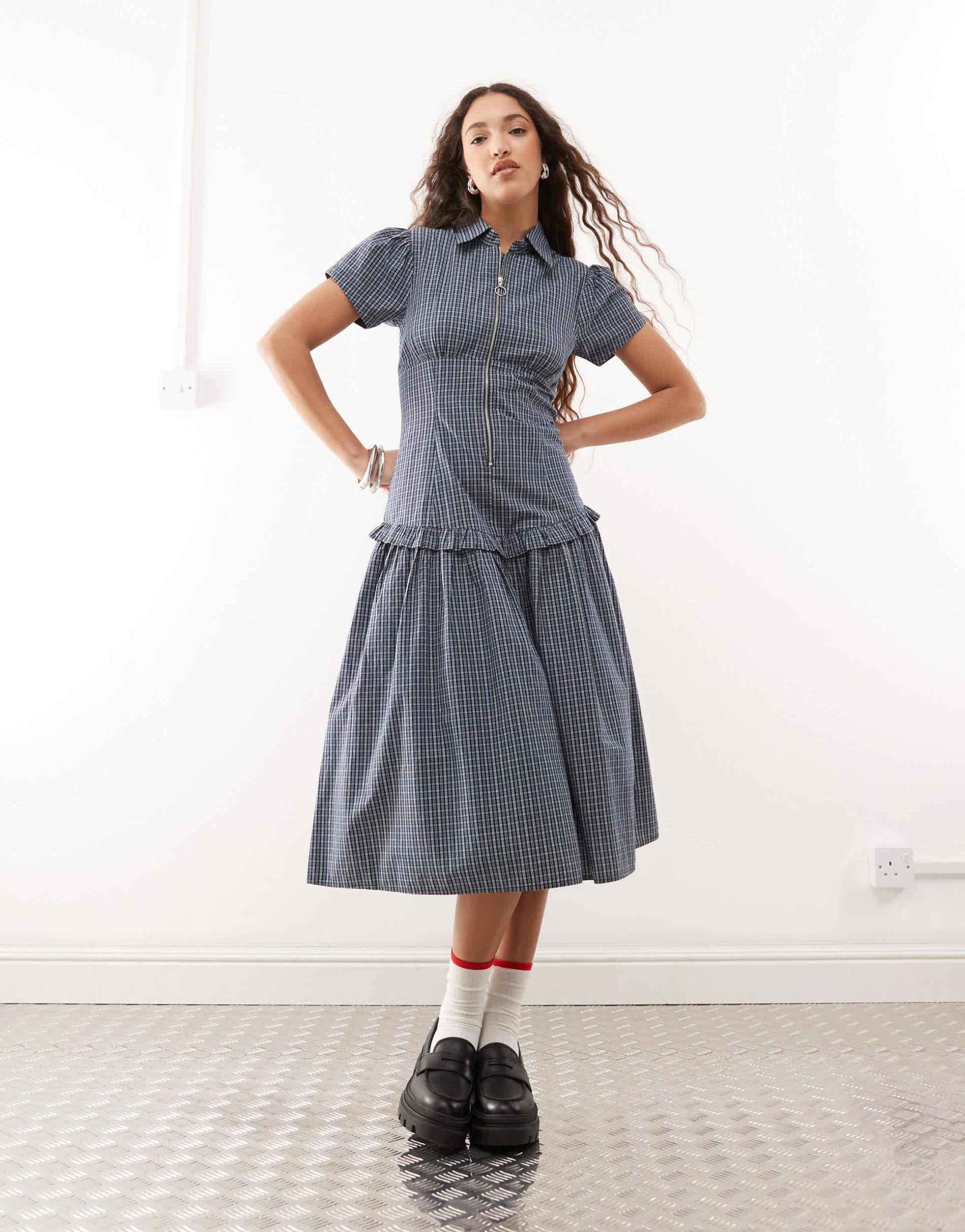 collusion drop waist midi shirt dress in blue plaid