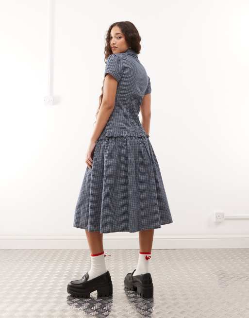 COLLUSION drop waist midi shirt dress in blue plaid