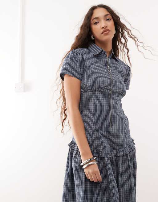 COLLUSION drop waist midi shirt dress in blue plaid