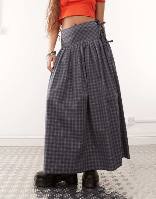 COLLUSION drop waist print maxi skirt in gray plaid