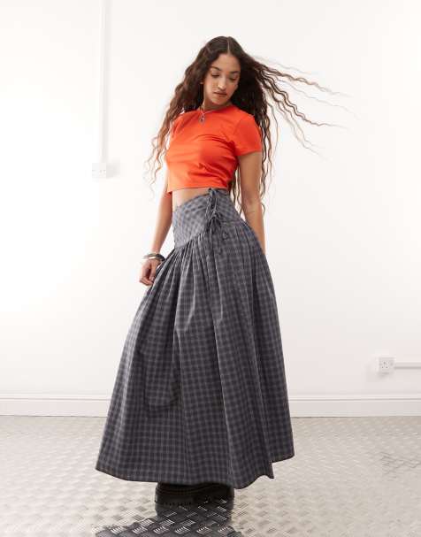 COLLUSION drop waist print maxi skirt in grey check - view 1
