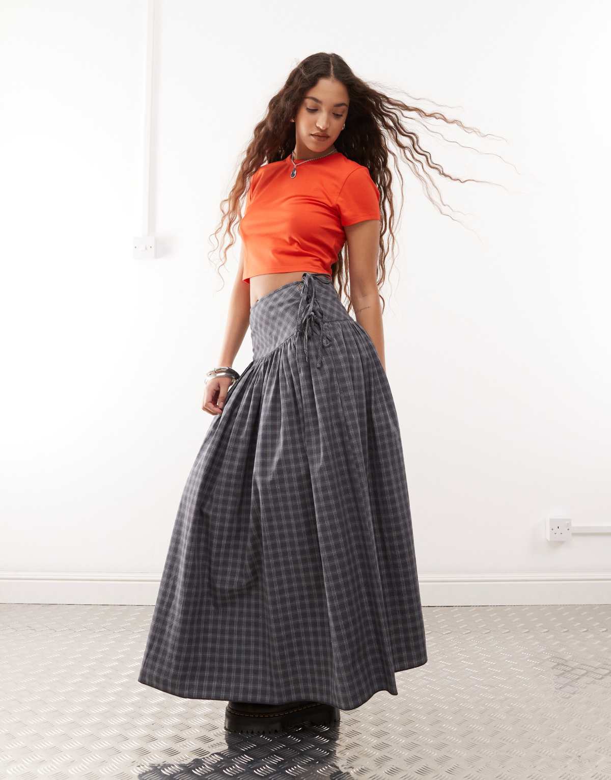 COLLUSION drop waist print maxi skirt in grey check