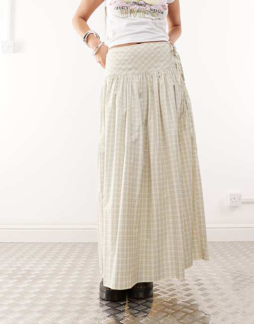COLLUSION drop waist print maxi skirt in yellow check